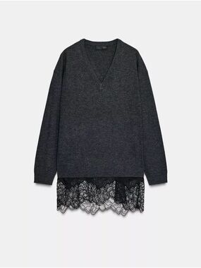 Zara - V Neck Lace-Hem Sweater Dress - Charcoal